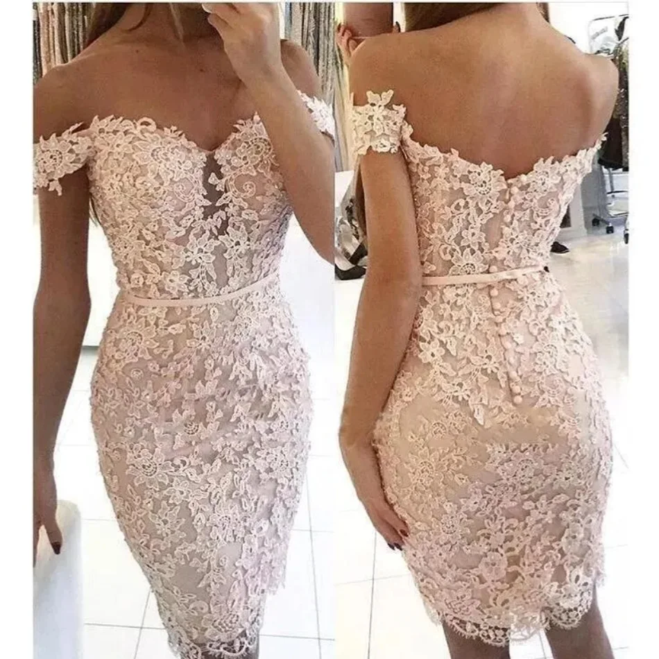 

Off Shoulder Lace Plush Pink Knee Length Cocktail Dress Elegant Appliqué Beads Prom Evening Dress Custom Bridesmaid Dresses
