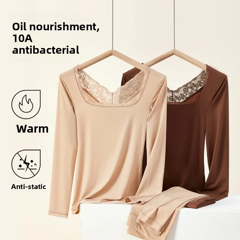 رقيقة جدا على الوجهين يمكن ارتداؤها سلس الدانتيل العناية بالبشرة مجموعة الملابس الداخلية المضادة للبكتيريا الدافئة المرأة مجموعة نسيج النايلون U الرقبة طويلة... #3