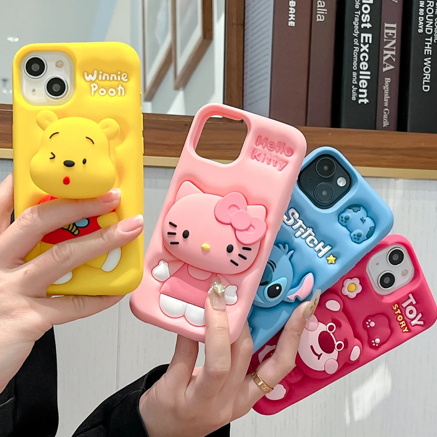 

3D Cartoon Hello Kitty Stitch Winnie The Pooh With Bracket Phone Case for IPhone 15 14 13 12 11 Pro Max Silica Gel Back Cover