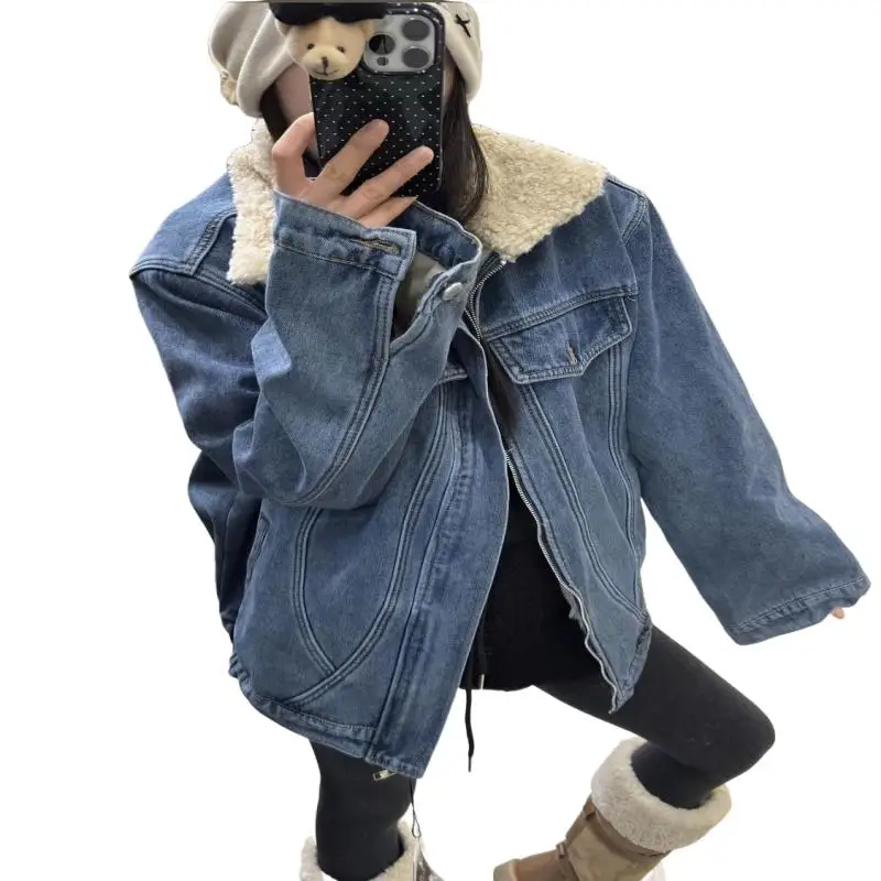 冬コート レディース デニムジャケット フェイクシープスキン襟付き ユニークなラインデザイン おしゃれで可愛い ふわふわ裏地付き 韓国風トップス
