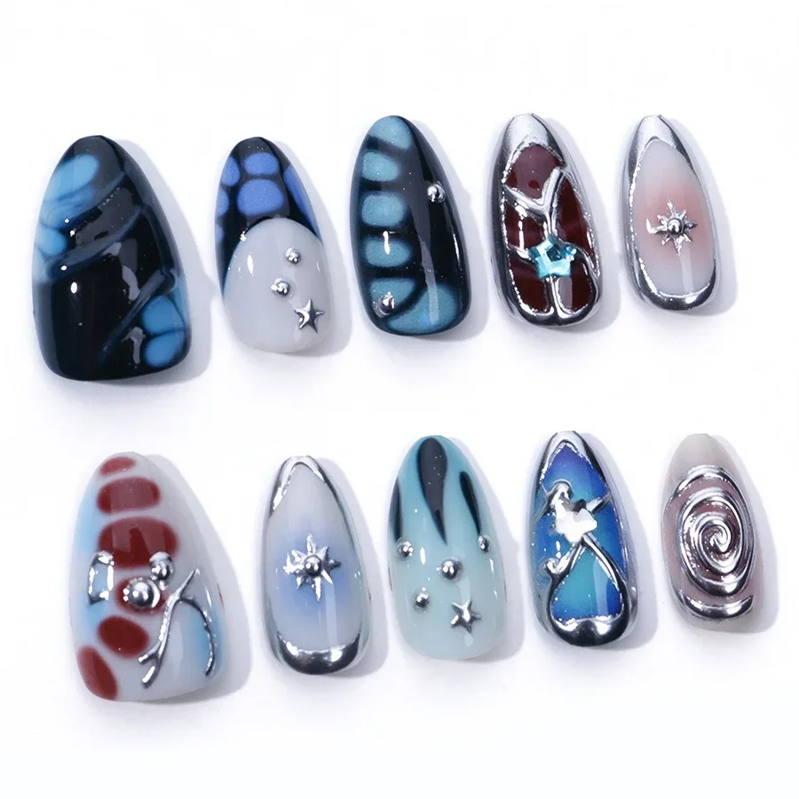 Iridescent Press On Nails Almond Shape Metal Rivet Gemstone Galaxy Marble False Nails Punk Fake Nails Reusable Easy Apply JT39