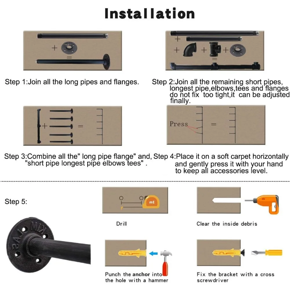 دعامات رفوف أنابيب الحديد المثبتة على الحائط على الطراز الصناعي العتيق لحلول تخزين رف الكتب المفتوحة بنفسك #5