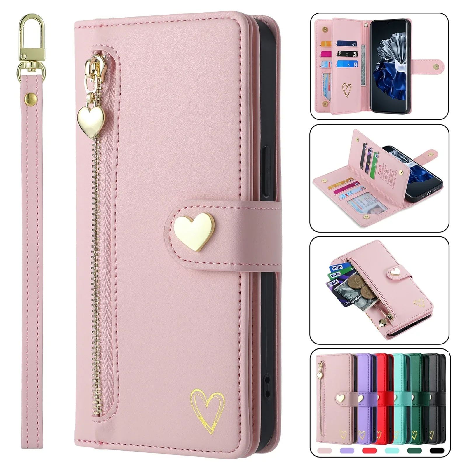 Leather Lanyard Zipper Wallet Case For huawei P60 Pro P50 P40 P30 Lite P20 Mate 60 50 40 30 20 10 Love Heart Purse Bag Cover