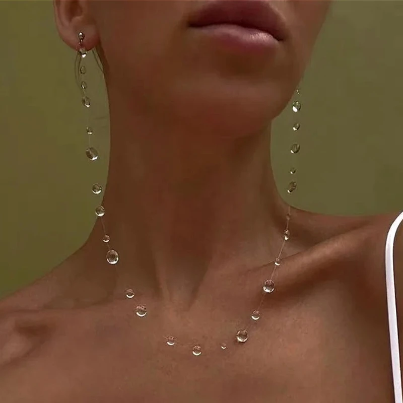 

Geometry Chic Transparent Water Droplet Dewdrop Line Earring Necklace for Women Fashion Jewelry Minimalist Accessories Wholesale