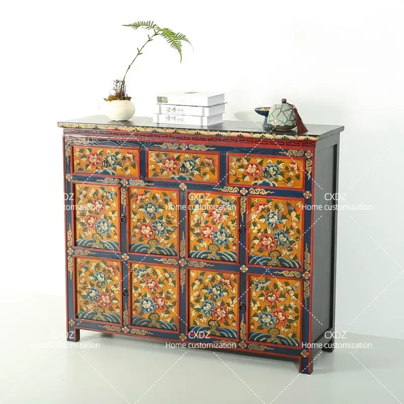 Chinese Style Dining Side Cabinet Tibetan Entrance Cabinet Solid Wood Painted Tableware Storage Locker Old Retro Decorative