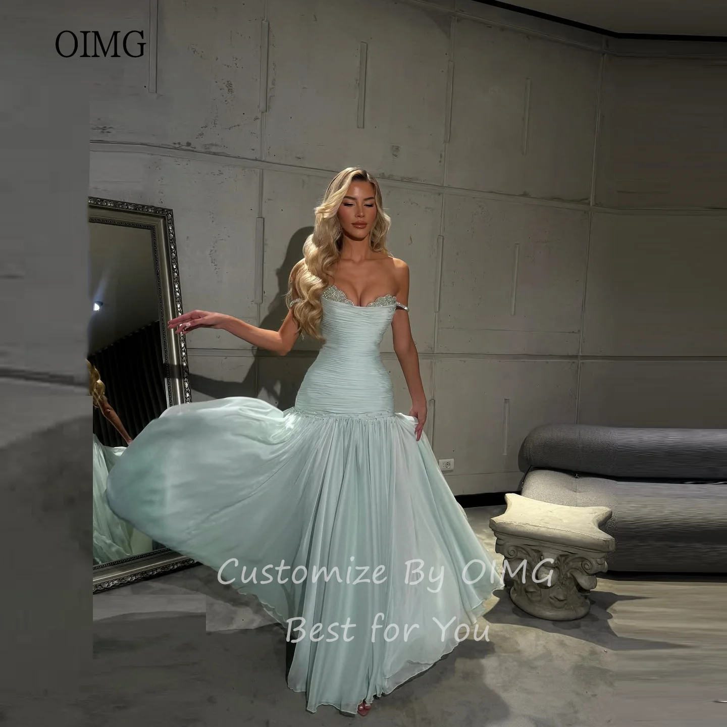 OIMG Regal Off The Shoulder A Line Prom Gowns Sequined Neck Pleated Party Gown Vacation Floor Length Evening Dress Customized image 2