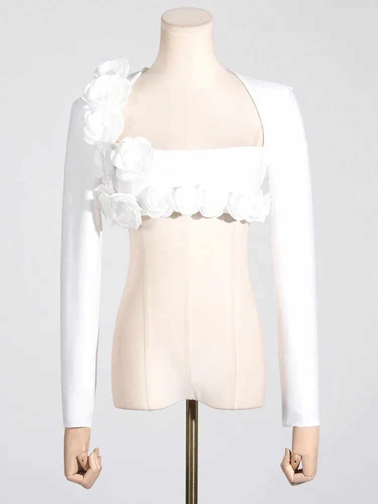 BPN Temperament Two Piece Sets For Women Square Collar Long Sleeve Spliced Appliques Tops High Waist Skirts Elegant Set Female