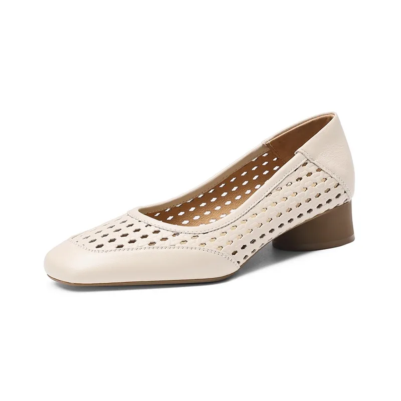 Design Temperament Hollow High Heel Shoes Women's Summer Leather Square Head Shallow Mouth Shoes Women Zapatos Mujer