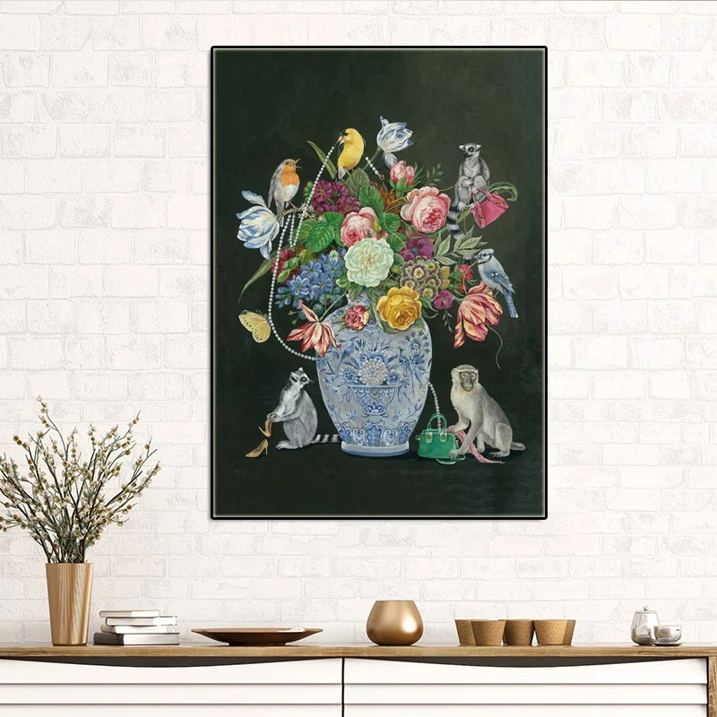 Vintage Vase Flower Canvas Painting Abstract Art Monkey Bird Forest Animal Posters and Prints Abstract Wall Pictures Home Deocr