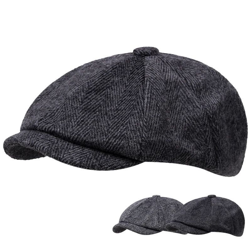 Men\'s Ladies Newsboy Hat Gray Herringbone Flat Hat Autumn And Winter British Painter Soft Octagonal Hat Beret Wholesale