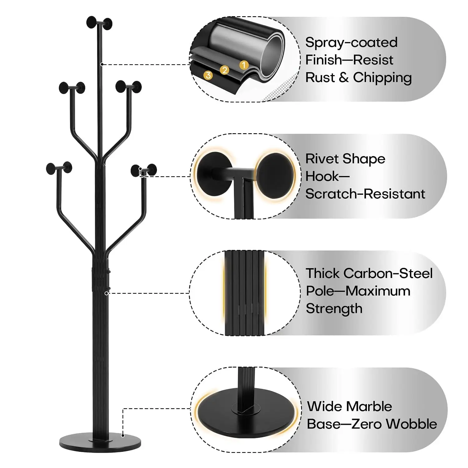 Coat Rack Freestanding Metal Coat Tree with 10 Hooks, Black | Heavy Duty Standing Coat Rack, Stainless Steel Marble, Customized view 3