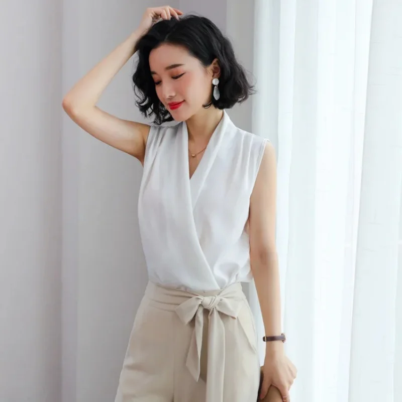 White V-neck satin shirt workplace commuting suit high-end top professional wear white shirt women in summer
