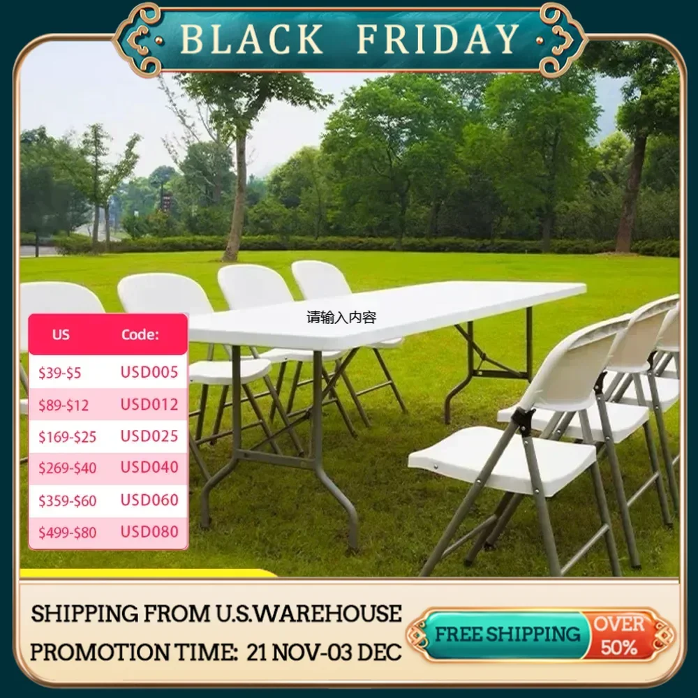 8 Foot Folding Table Portable Plastic Picnic Table with Handles, Half Heavy Long Large Practical Table for Party, Dining