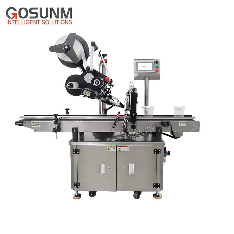 Gosunm Factory Price Custom Automatic   Cap Labeling and 2 Side Lid Seal Labeling Machine