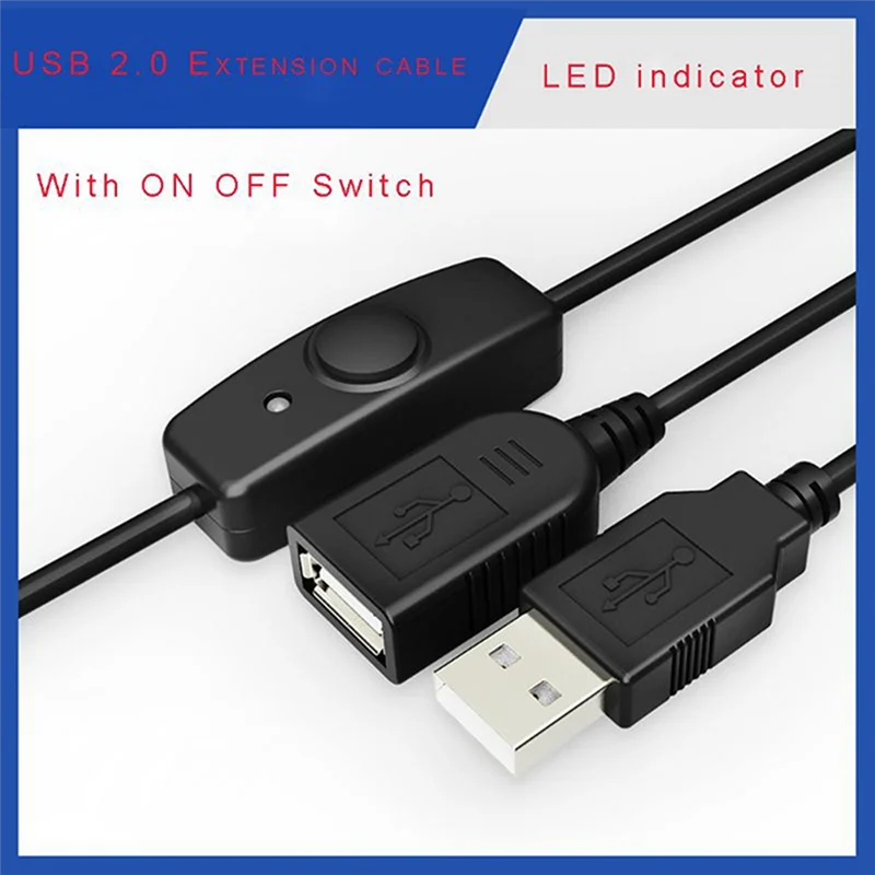 Data Sync USB 2.0 Extender Cord USB Extension Cable with ON OFF Switch LED Indicator for PC Laptop USB Fan LED Lamp