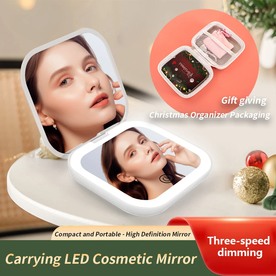Pocket LED Compact Travel Makeup Mirror with Light Portable Folding Handheld Cosmetic 2X Magnification Small for Christmas Gift