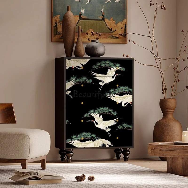 

French crane Chinese style solid wood chest of drawers living room wall aisle entrance decorative cabinet