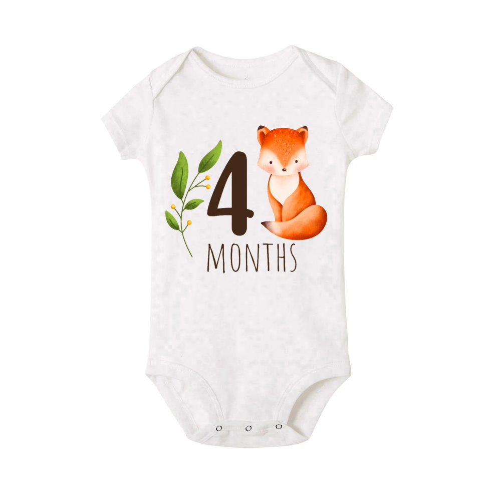 Cute Animal Printed Monthly Milestone Baby Romper 1-12 Month Newborn Bodysuit Photography Prop Outfit Clothes Infant Shower Gift