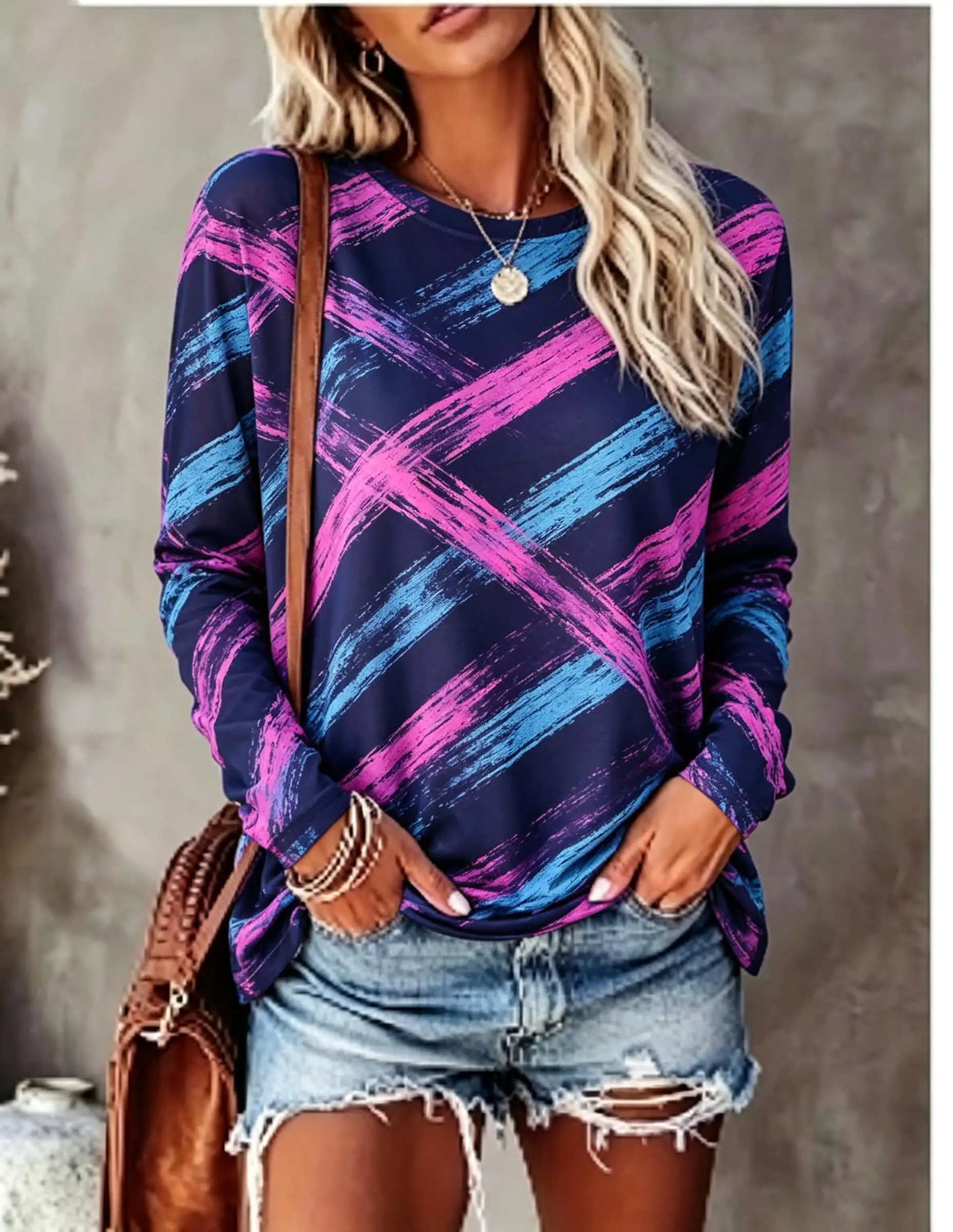 Women Long Sleeve T‑Shirt Vintage Tie‑Dye Concentric Circle Swirl Art Print Crew Neck Casual Fall Tops