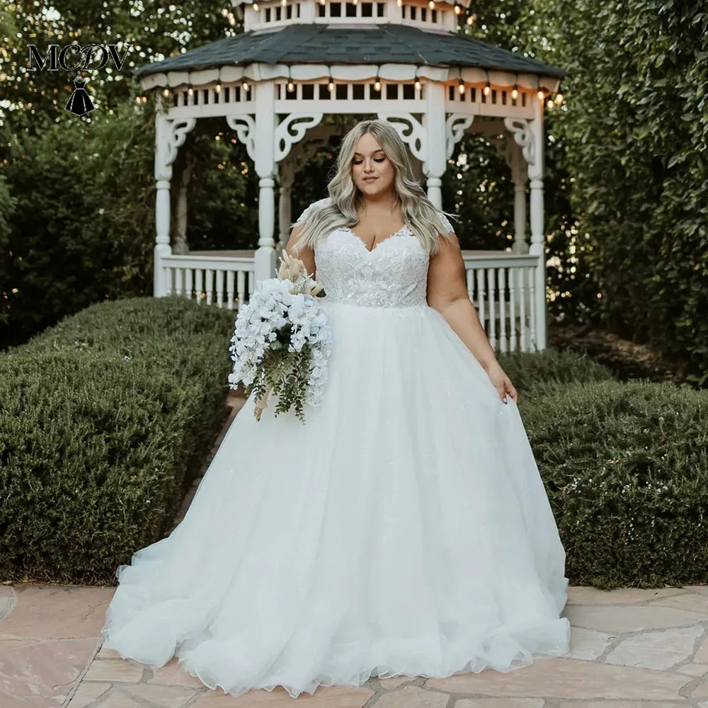 

Plus Size Wedding Dresses Cap Sleeves Appliques V-Neck A-Line Wedding Gowns Back Lace Up Robe De Mariée Grande Taille Customized