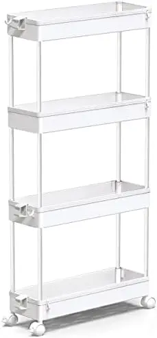 

SPACEKEEPER 4-Tier Slim Rolling Cart - White Mobile Organizer for Bathroom, Kitchen, Laundry