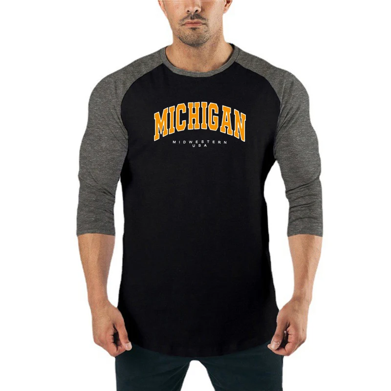 Michigan Midwestern USA Three Quarter Sleeve Shirt Mens Training Cotton Breathable Clothing Gym Bodybuilding Slim Fit T-shirts