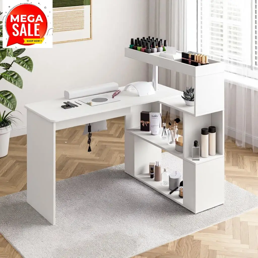 Manicure Table, L-Shaped Nail Tech Desk with Dust Collector, Reversible Rotating Table & Storage Shelf, Acetone Resistant Beauty
