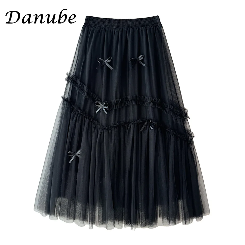 Elegant Irregular Patchwork Tulle Long Skirts Women Spring Summer Korean Bow High Waist Mesh Pleated Tutu Skirts Female Faldas