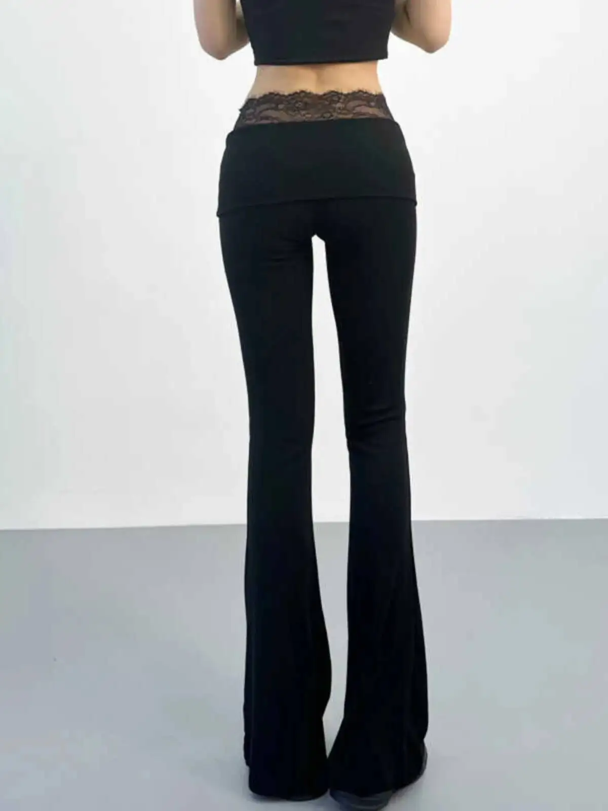 Sweet  Cool Style Lace Patchwork Micro Flared Pants Women's 2026 Summer New Style Rolled Edge High Waist Slim Long Pants 0XPD
