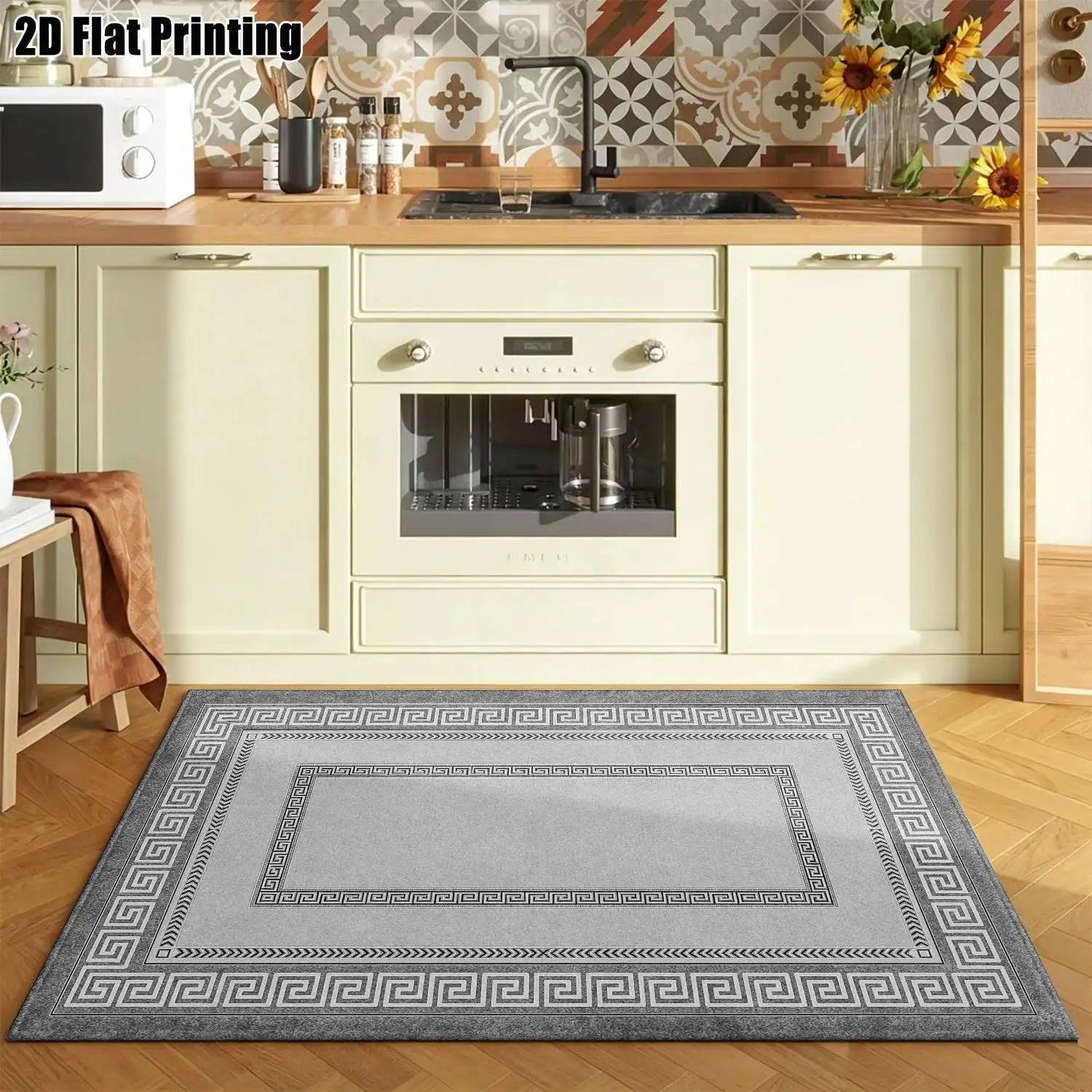 1Pc 2D Printed Carpet: Gray Base, Retro Border European-Style Decorative Rug, Multi-Size, Machine Washable, Ideal for Entryway, Dining Room, Foyer, Study, Living Room.
