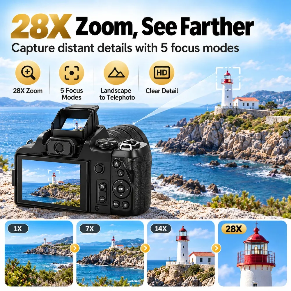 4K Digital Camera for Photography 68MP Photo 28X Digital Zoom Flip Screen AF and MF Focus 4800mAh Battery OTG Sharing for Travel