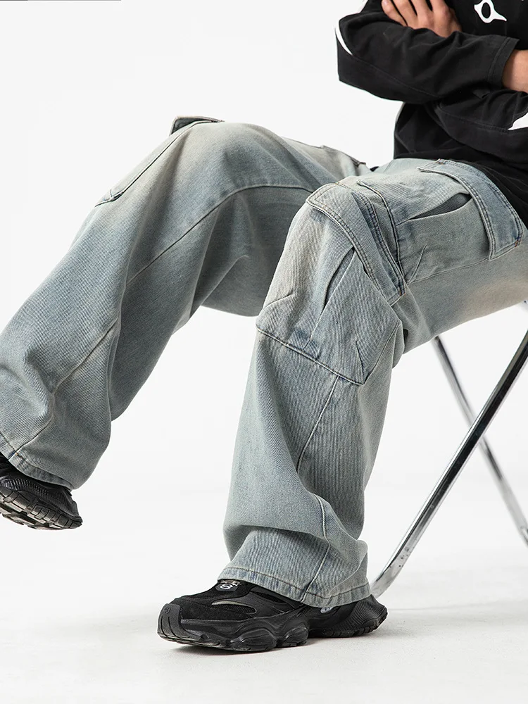 

2025 New Workwear Multi Pocket Design Jeans Men's Old Wash Vintage Japanese Casual Pants China-Chic Loose Wide Leg Pants