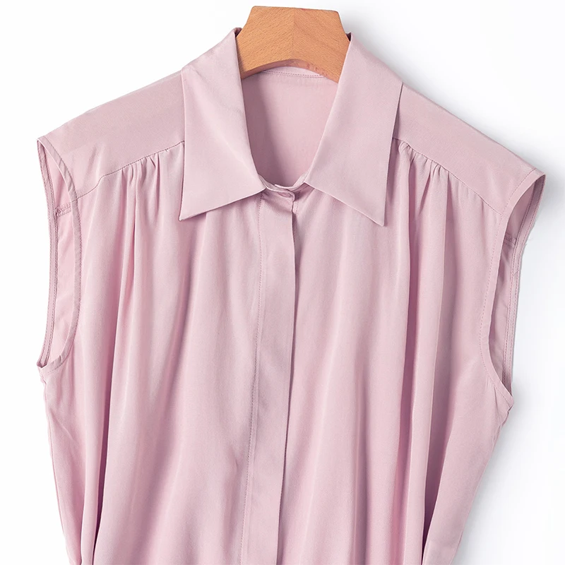 100% Mulberry Silk Pink Color Collared Neck Wide-shoulder Belted-waist Women Tank Top Shirt Office Work M1703