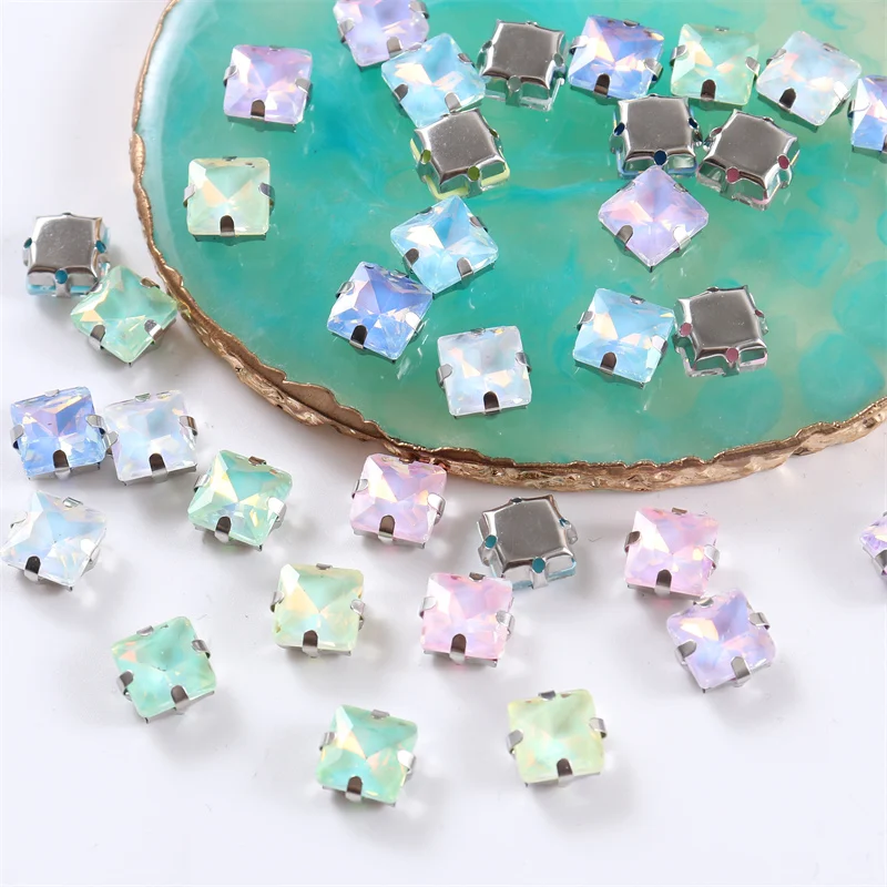 Square shape Glass Sew on rhinestones with sliver claw sewing stones for clothes shoes diy crystals