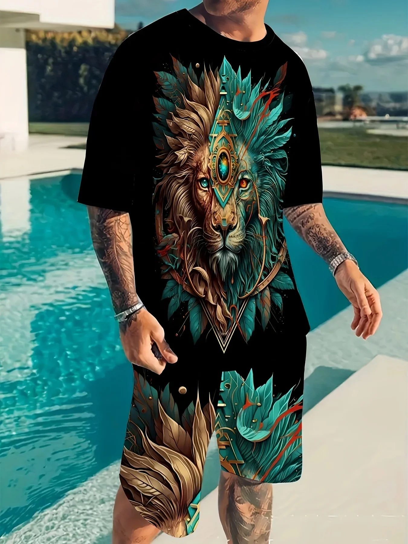 Headband gemstone lion Suits Pattern Print, Men's 2Pcs Outfits, Casual Crew Neck Short Sleeve T-shirt And Shorts Set For Summer