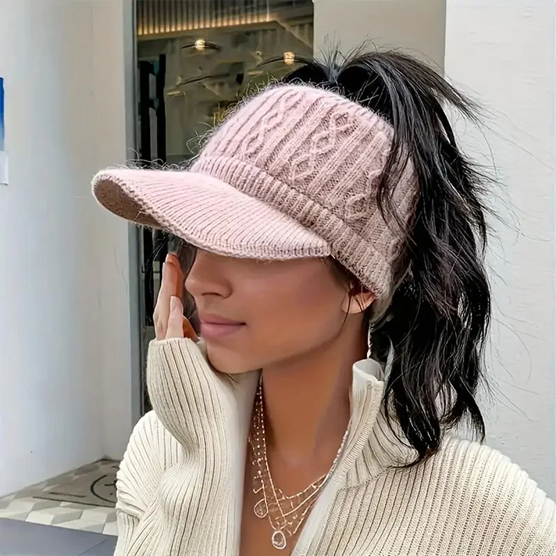 Empty Top Hat Women'S Winter Versatile Knitted Rabbit Wool Hat With Thick Velvet Warm Ear Protection Duck Tongue Baseball Cap