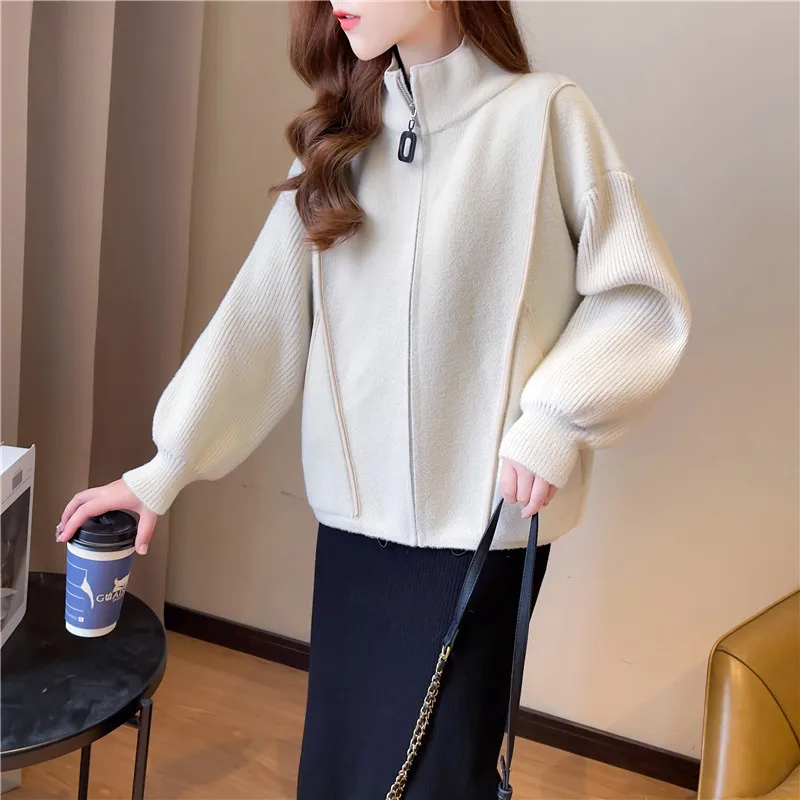 2025 Autumn New Style Double-sided Tweed Knitted Coat for Women with Zipper Baseball Jacket
