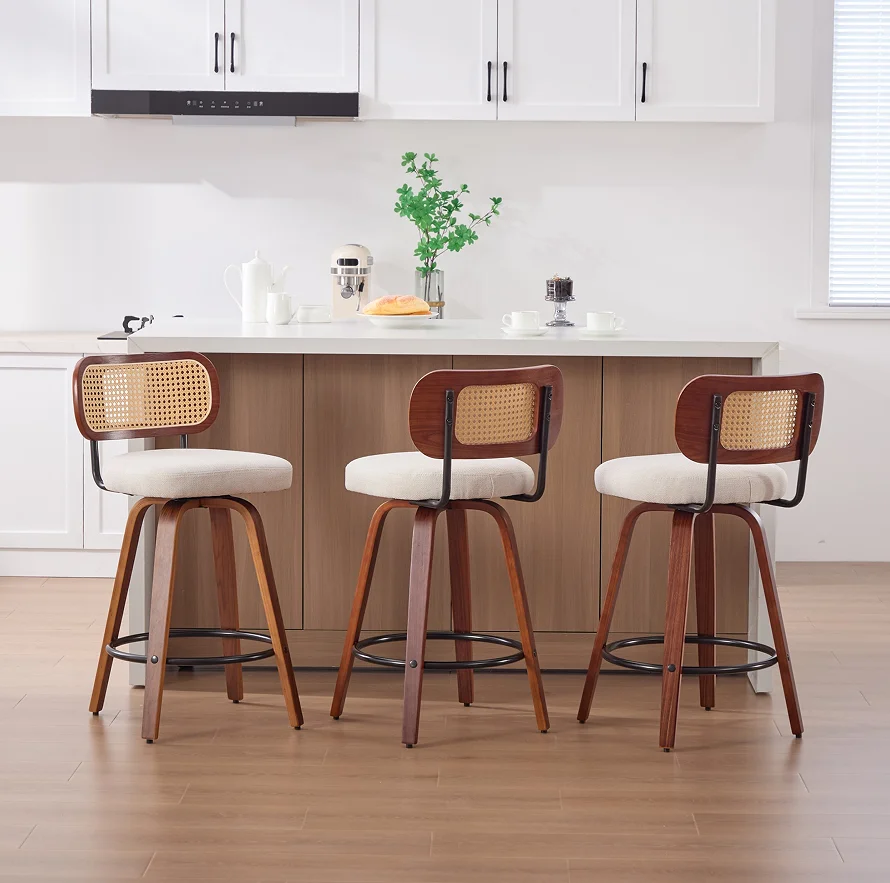 # Height Bar Stools Walnut Black Cane Rattan Back Beige Linen Upholstered Seat Swivel Eco-Friendly Gym