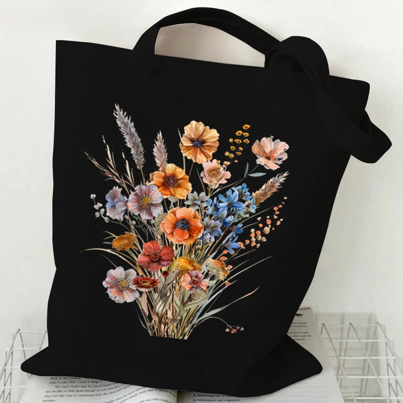 

Flower Print Eco Canvas Shopping Bag Wildflowers Canvas Female Shoulder Bag Shopper Handbag Tote Student Book Bag for Laptop