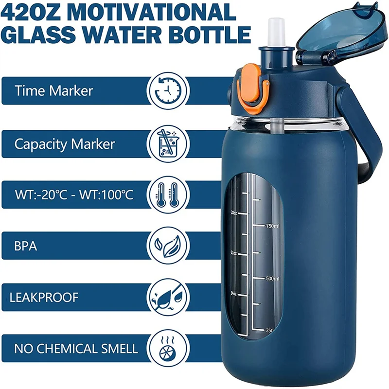 ABIY 64Oz Glass Water Bottles with Straw, Glass Bottle with Silicone Sleeve and Time Marker, for Gym Home Office Navy Blue