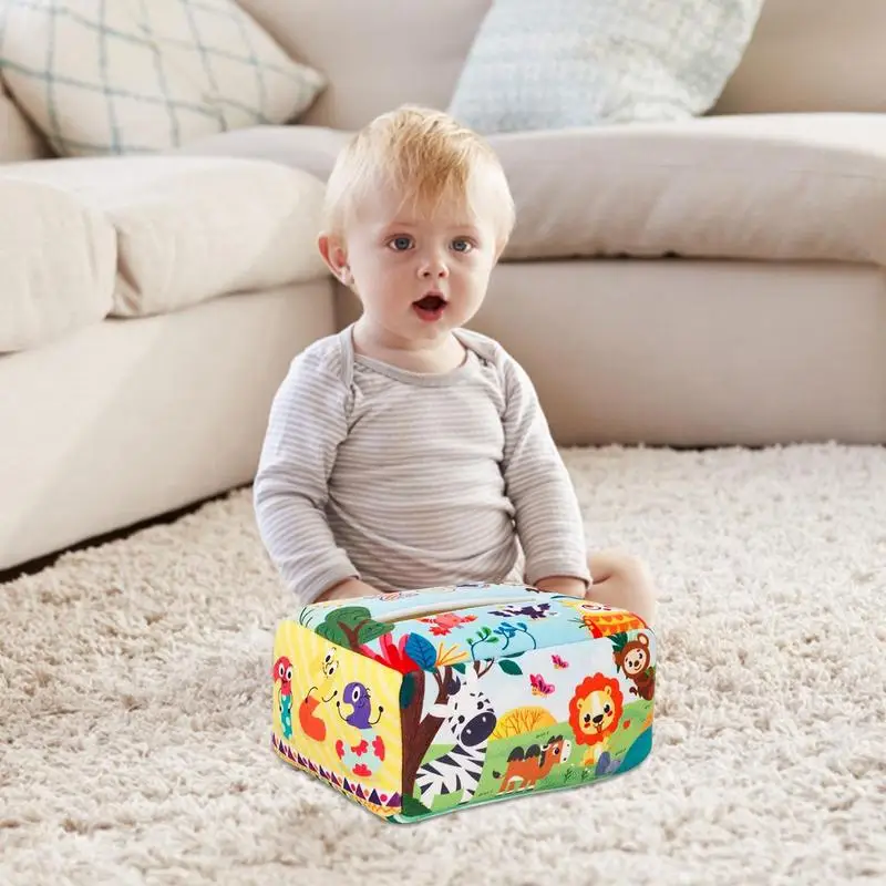 Brinquedo de caixa de tecido sensorial para crianças, caixa de tecido, macio e colorido, brinquedos montessori, 6 a 12 meses