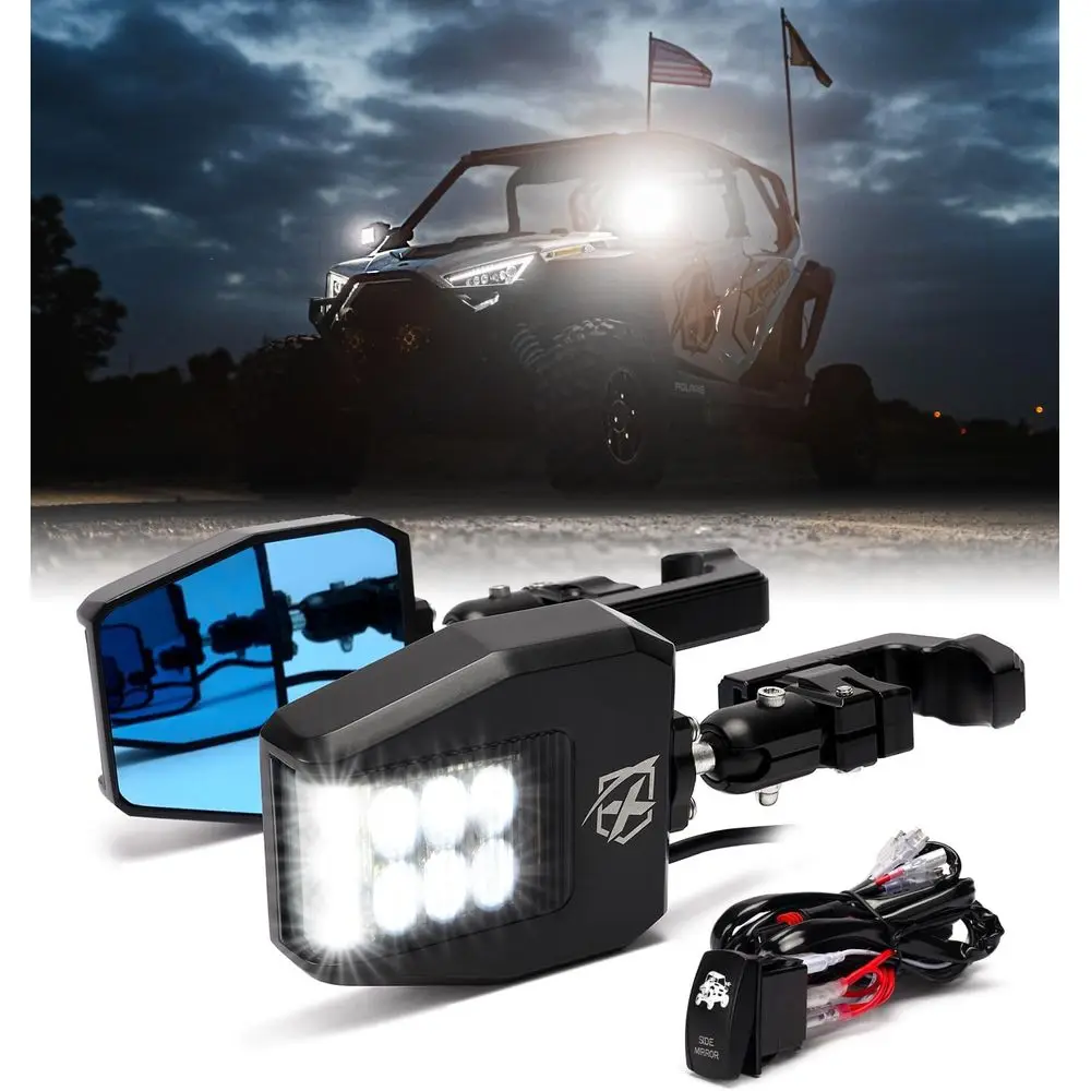 

Side View Mirrors Aluminum w/LED Spot Light Smoke Lens Compatible with 1.75-2 Roll Cage Bar for Polaris RZR, SXS, Can Am X3, Kaw