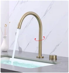 Wastafelkraan Badkamer Twee Gaten Wijdverspreide Geborsteld Goud Badkamer Gootsteen Kraan 360 Roterende Wijdverspreide Zwarte Wastafel Kraan