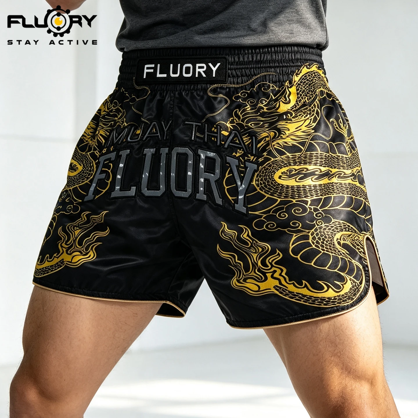 FLUORY Golden Dragon Breathable MUAY THAI SHORTS Fight Training Shorts Fitness Sanda Boxing Shorts