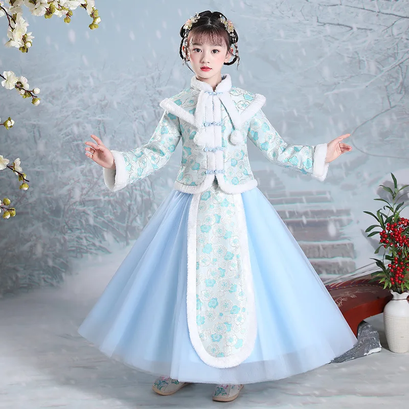 New Winter Thick Warm Girl New Year Greeting Dresses Kid Chinese Style Vintage Button Hanfu Qipao Performance Princess Vestido