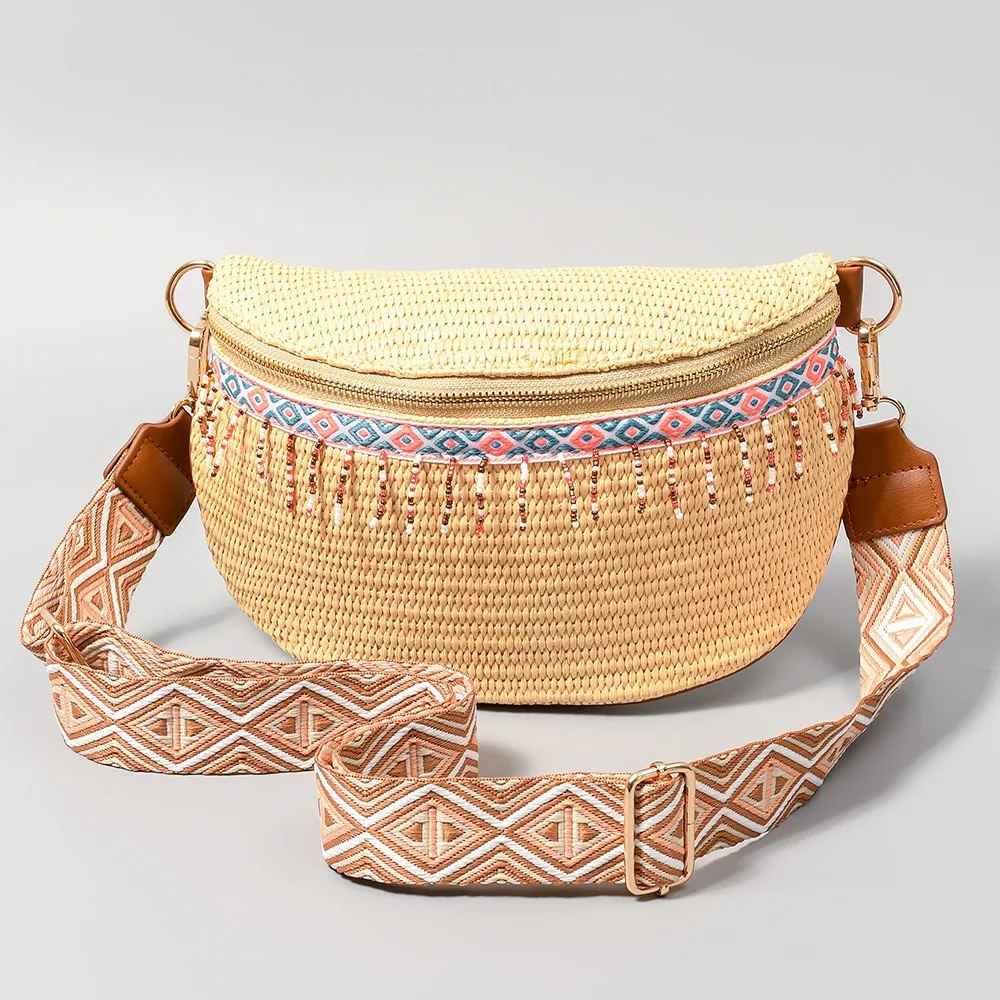 Boho Straw Crossbody Sling Bags Women Vintage Versatile Guitar Strap Fanny Packs Female Fashion Large Capacity Tassels Hip Pouch