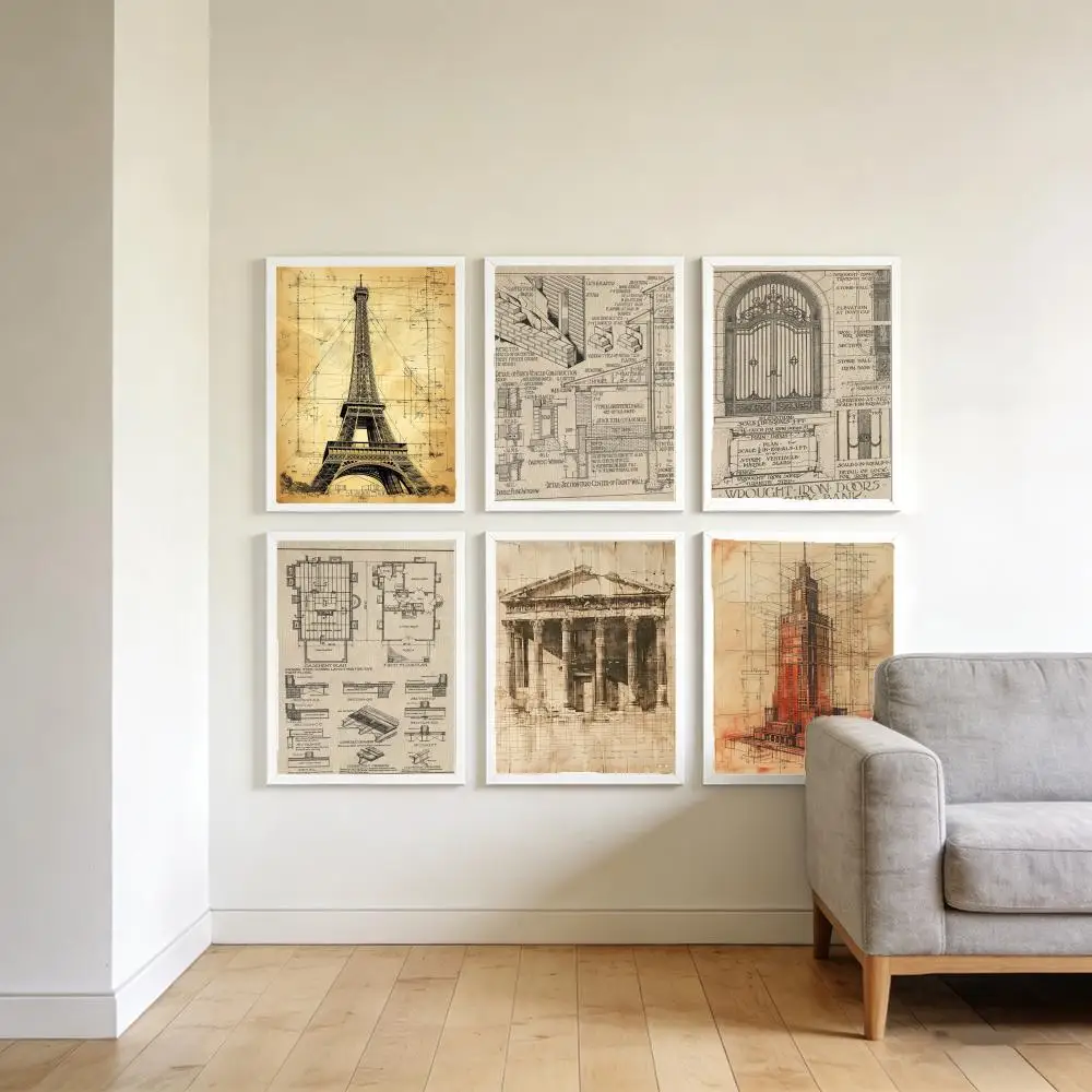 Simple Drawing Classical Architectural Drawings Poster Top-Quality Poster For Household Room Bar Cafe Wall Art Decor & Gift Item