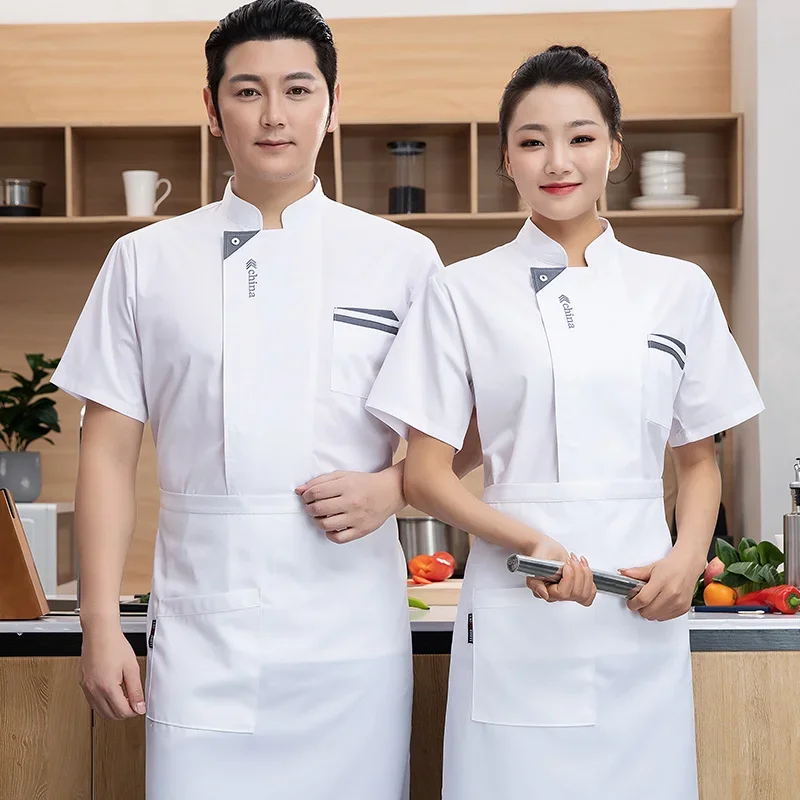 Hotelkoch-Uniformjacke, kurzärmeliges Koch-T-Shirt, Restaurant-Uniform, Bäckerei, Lebensmittelservice, atmungsaktiv, neues Kochkleidungslogo
