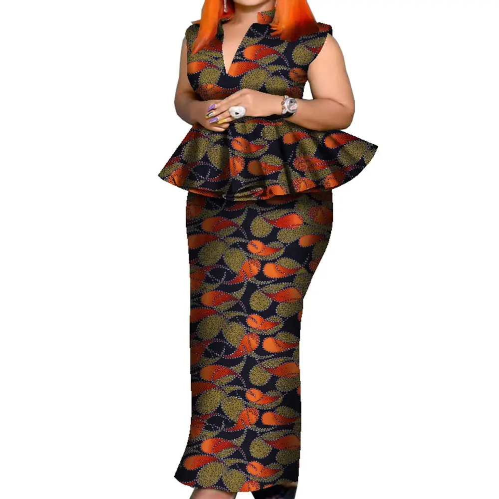 African Outfits Women 2 Pcs Set African Print Sleeveless Blouse and Long Skirt Women Suit Plus Size African Clothes WY8049