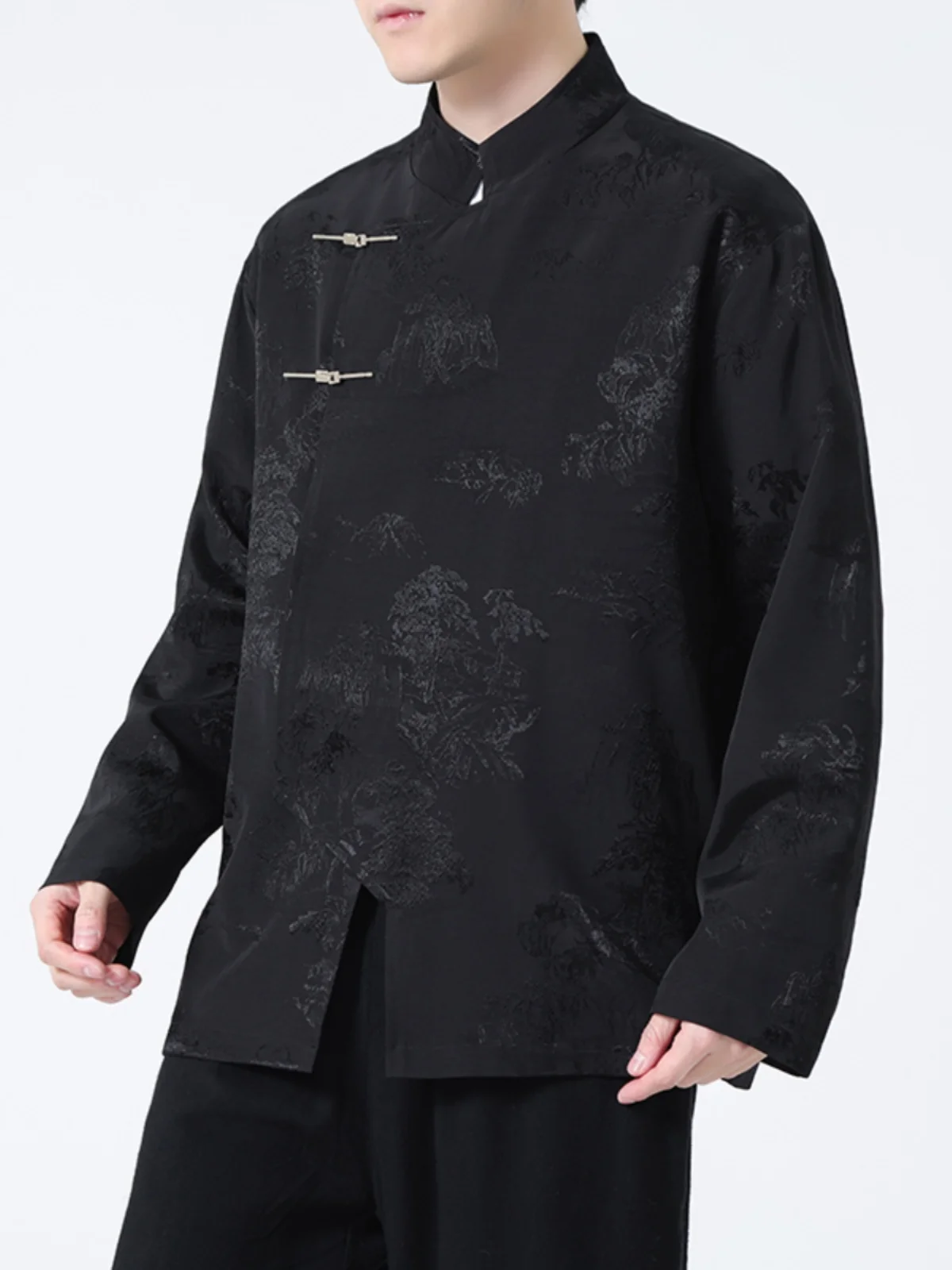 

Новый китайский мужской костюм Тан: высококачественная вышивка, асимметричный воротник, воротник-стойка, декорированный пуговицами, свободный крой